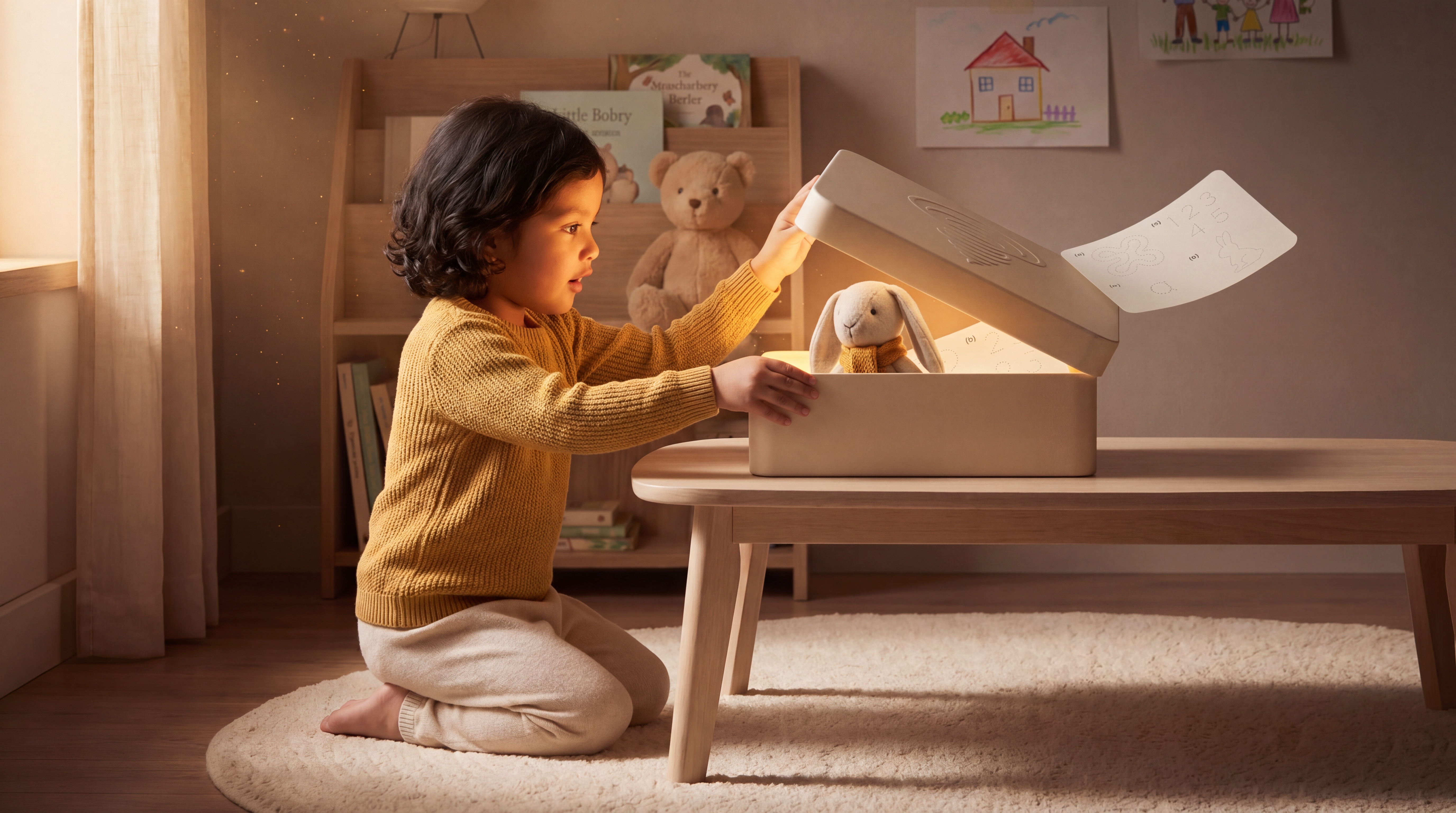 Child in a mustard jumper kneeling at the table, lifting the lid to reveal a warm glow and the plush rabbit inside