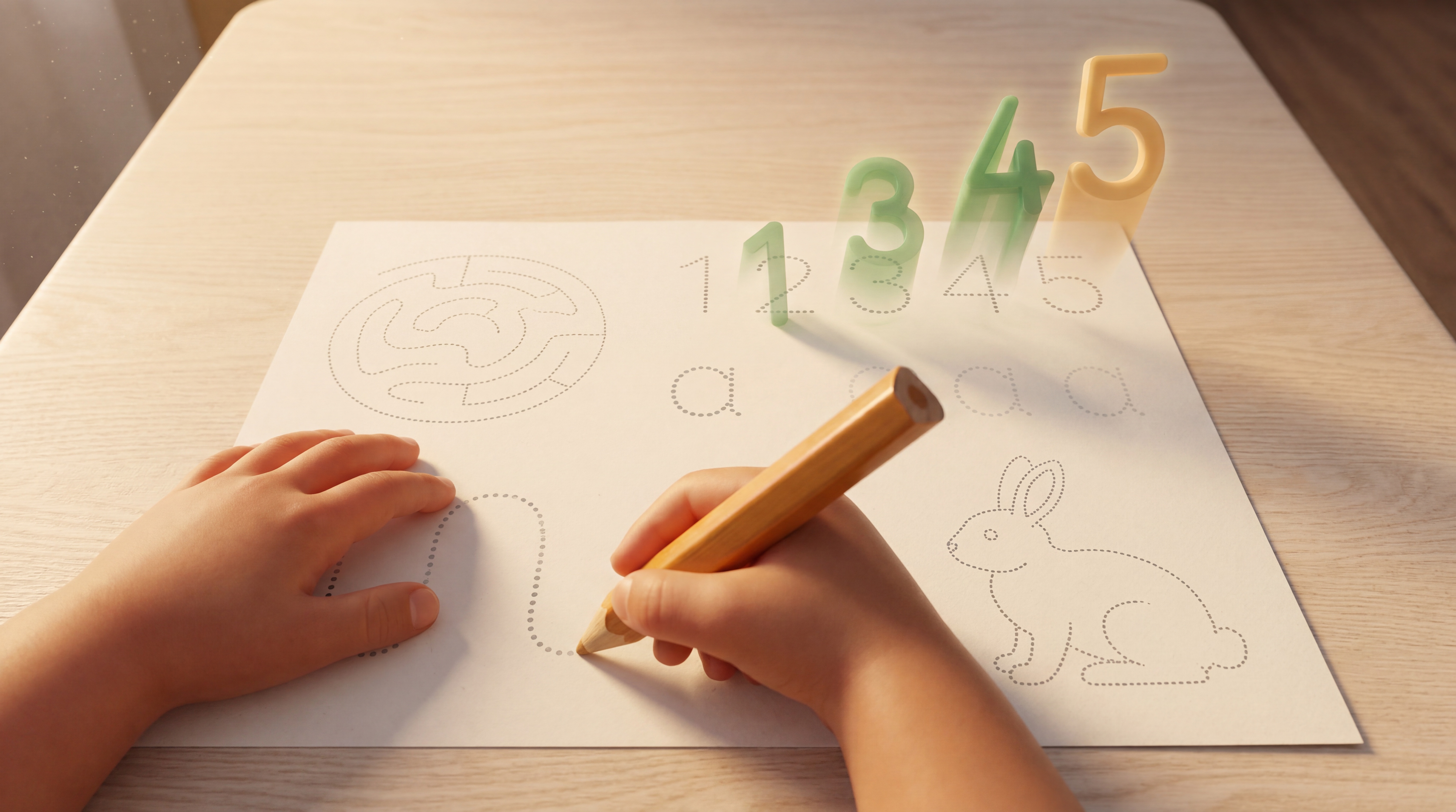 Close-up of a child's hands tracing dotted numerals on an activity worksheet, glowing numbers rising from the page