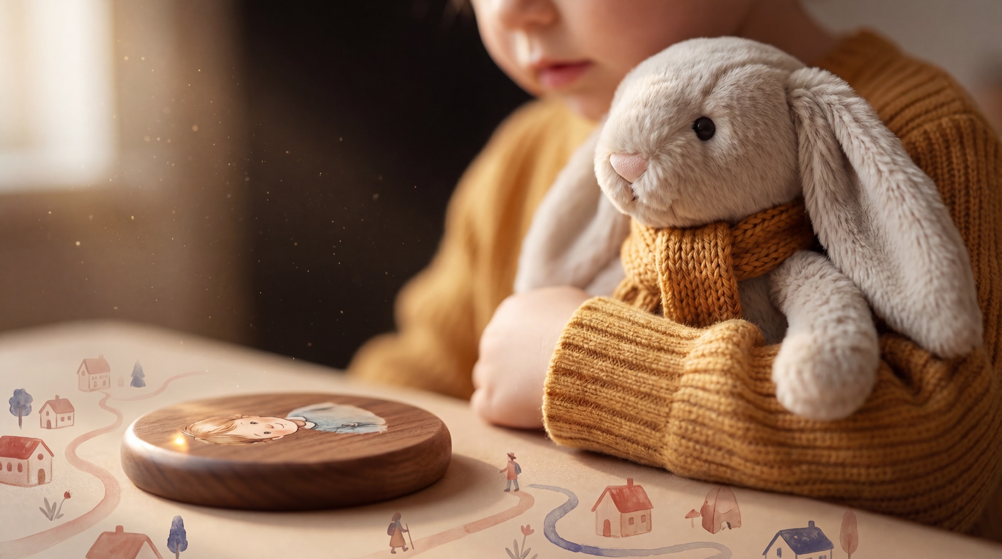 Child hugging the plush rabbit, the hand-painted wooden keepsake token with folk motif resting on the table beside them