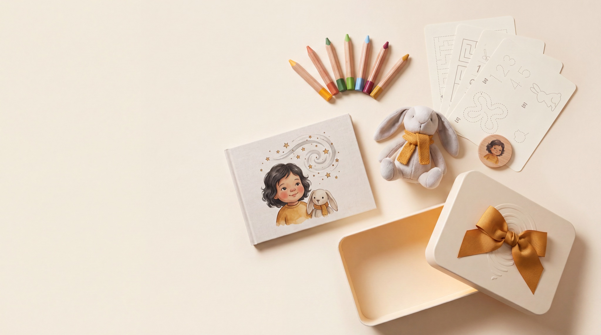 Overhead flat-lay of a curated child's collection: storybook, activity sheets, crayons, plush rabbit, keepsake token