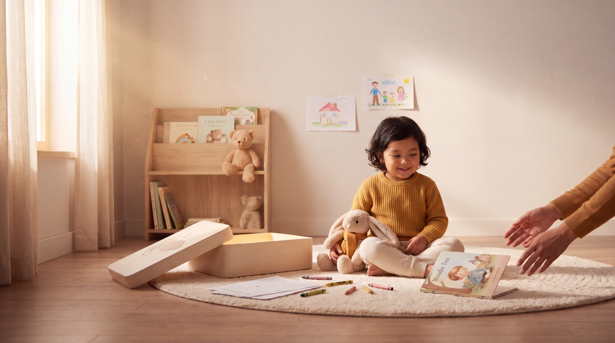 Child smiling on a cream rug surrounded by books and activities as a parent's hand reaches in to join them