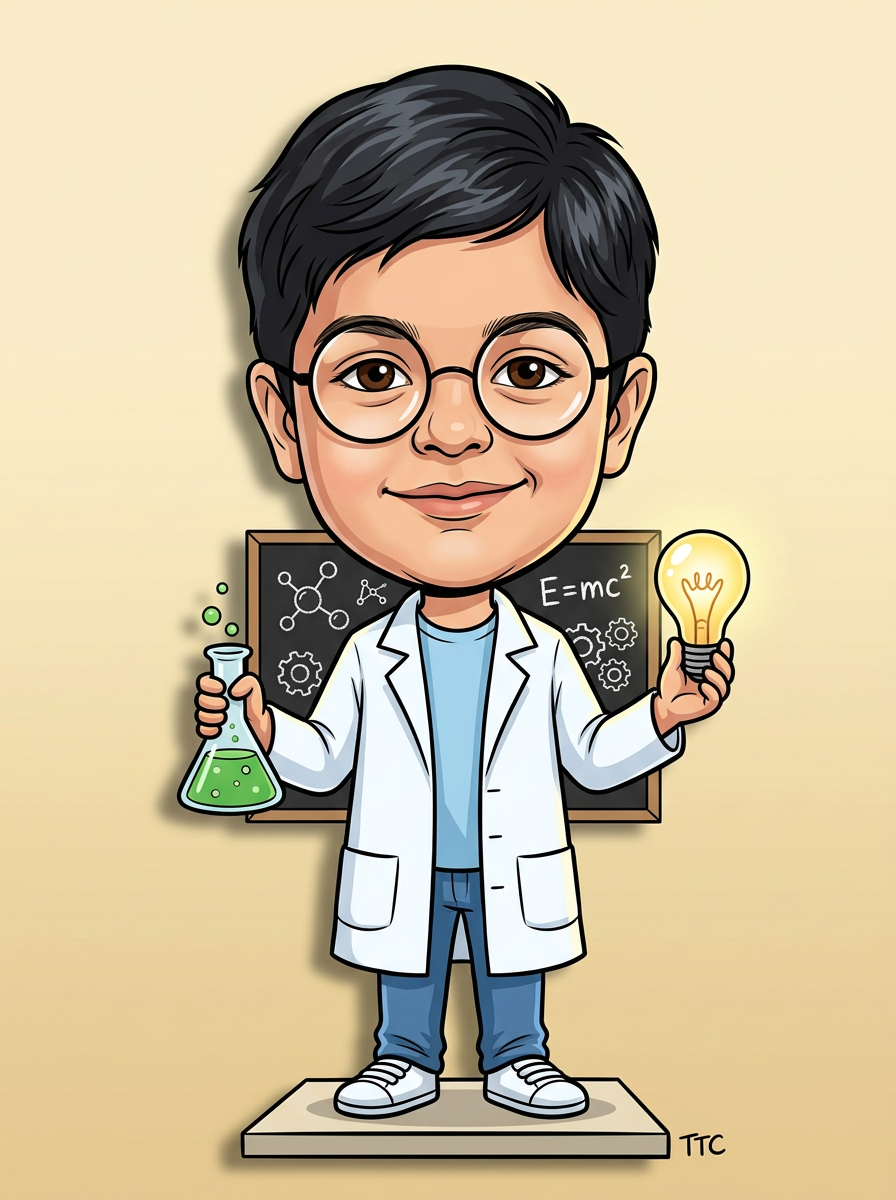 Aryan illustrated as a Young Scientist holding a beaker and lightbulb