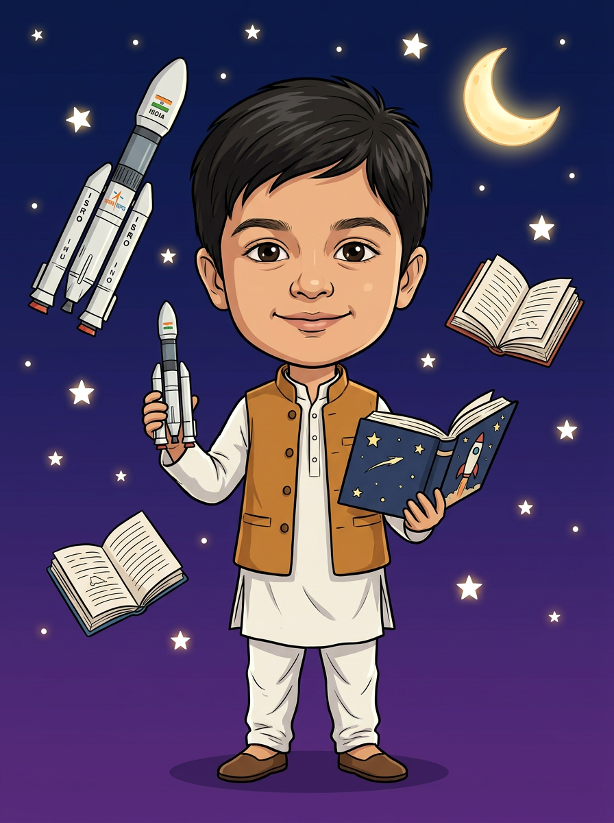 Aryan illustrated as a Space Dreamer with ISRO rocket and moon
