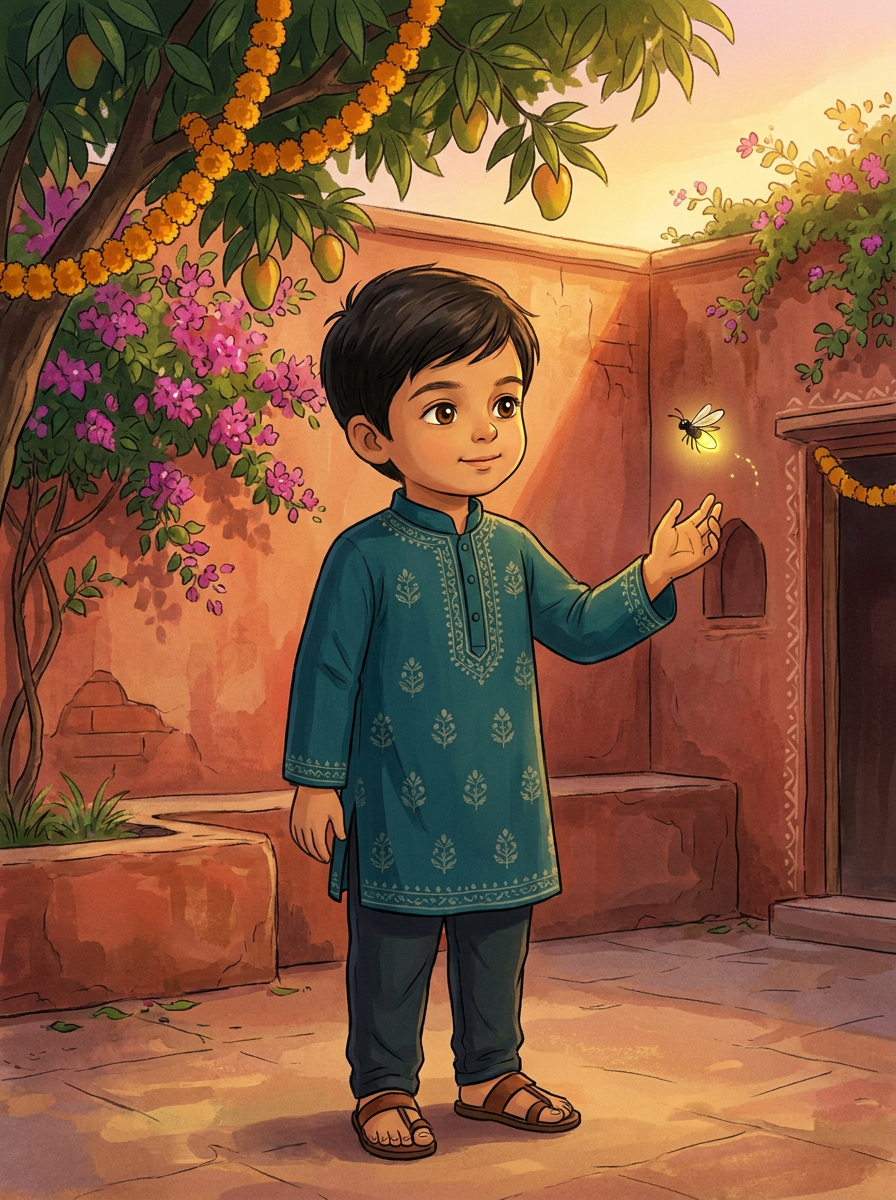 Aryan rendered in Studio Ghibli style in an Indian village courtyard at golden hour