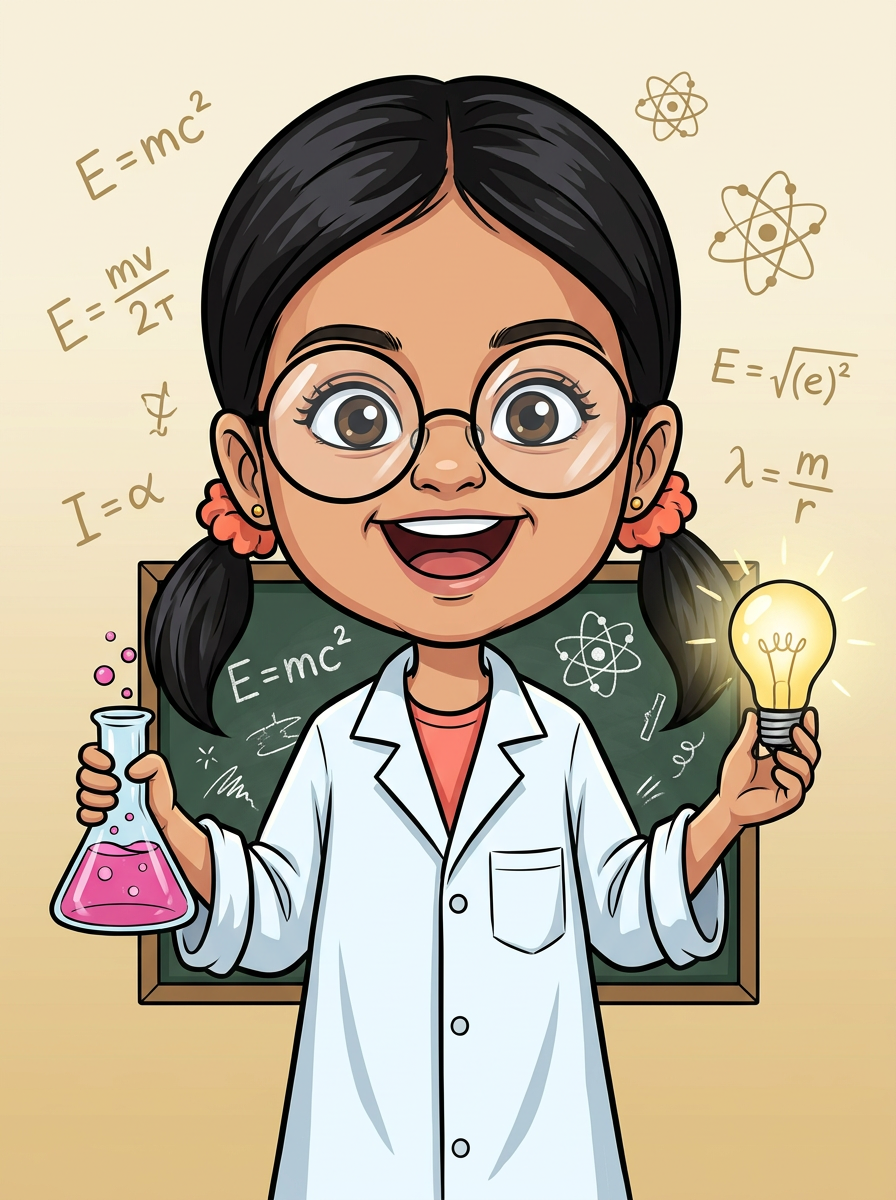 Priya illustrated as a Young Scientist holding a pink beaker