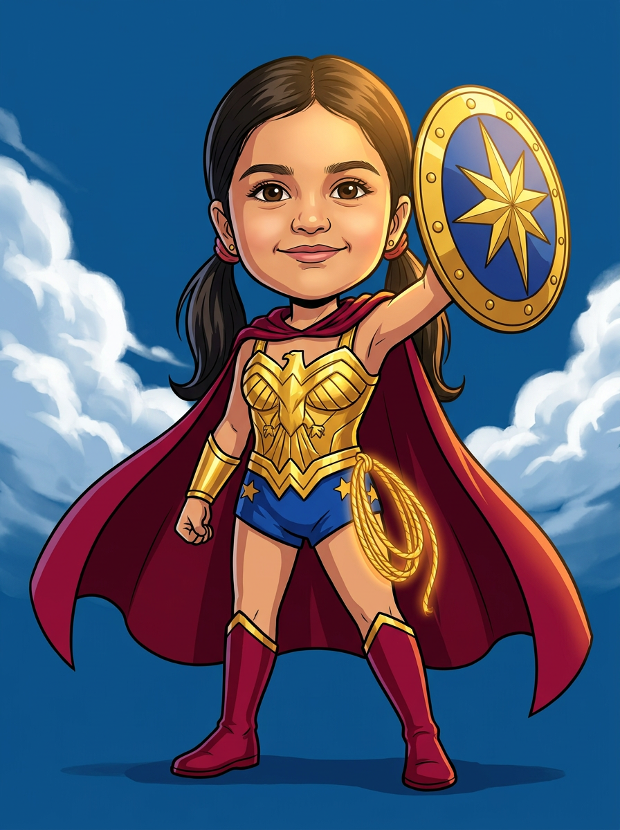Priya illustrated as a warrior champion in bold caricature style