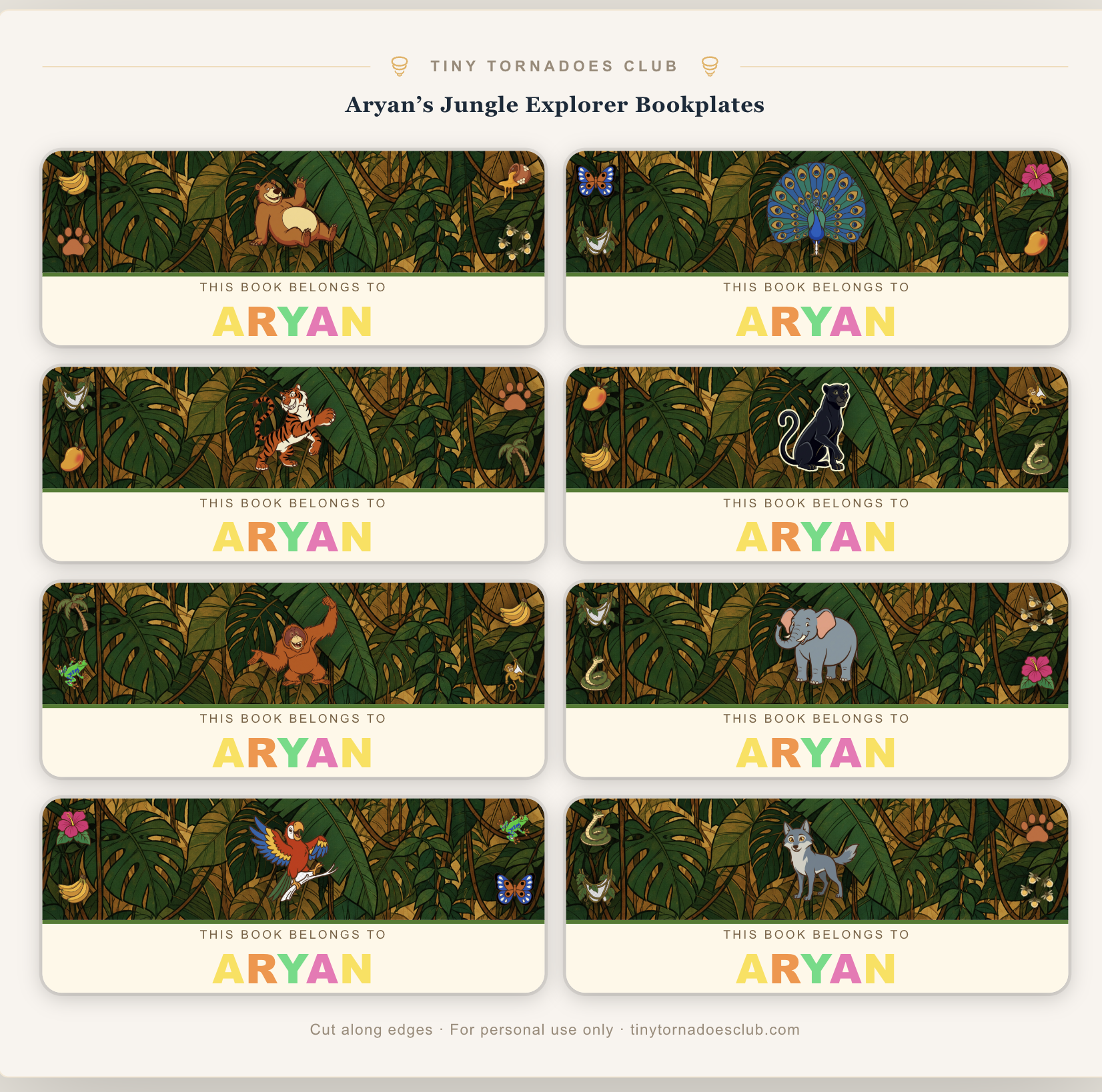 Jungle-themed personalised bookplates — bear, peacock, tiger, panther, orangutan, elephant