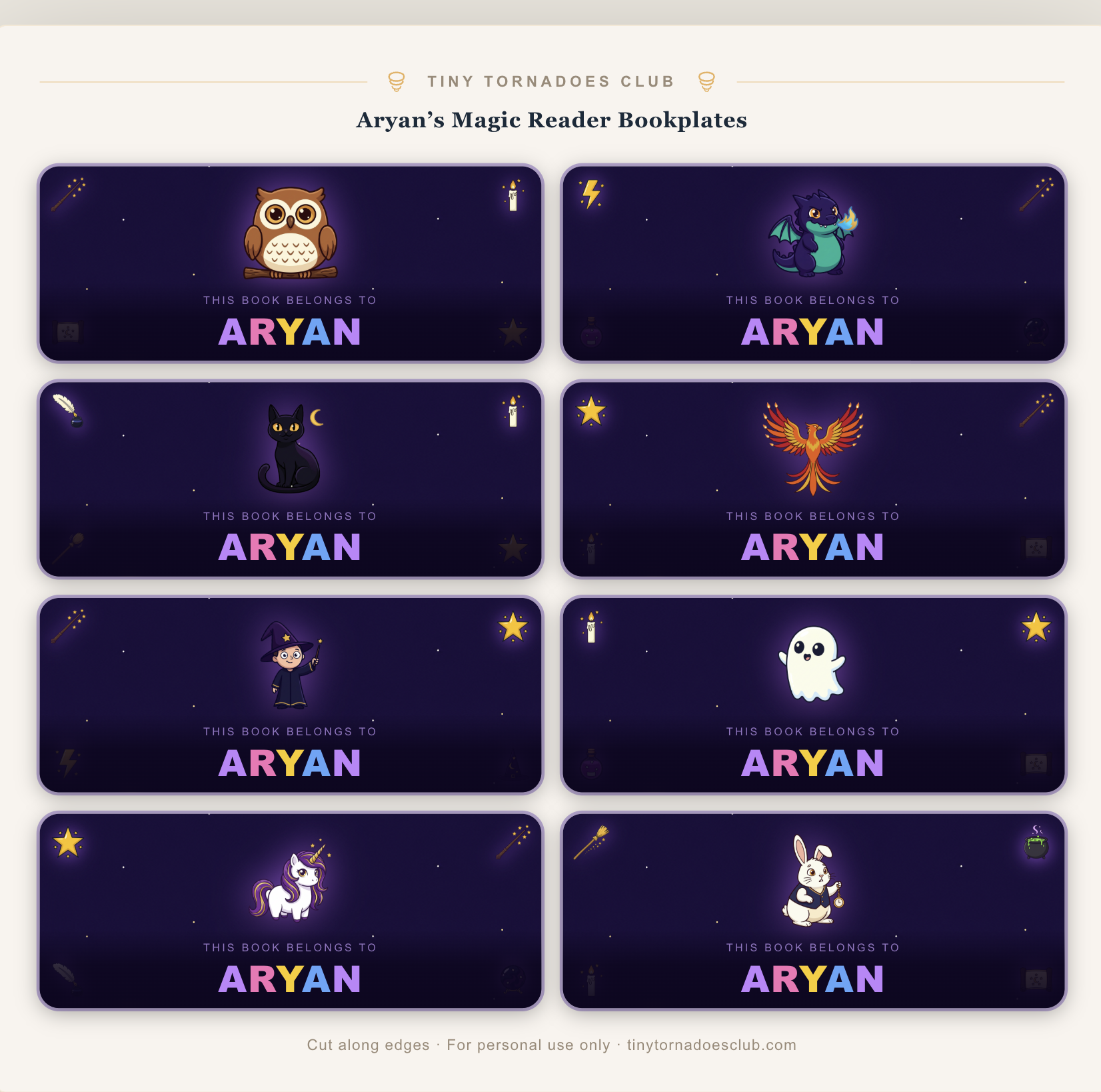 Magic-themed personalised bookplates — owls, dragons, cats, phoenix, wizards, unicorns