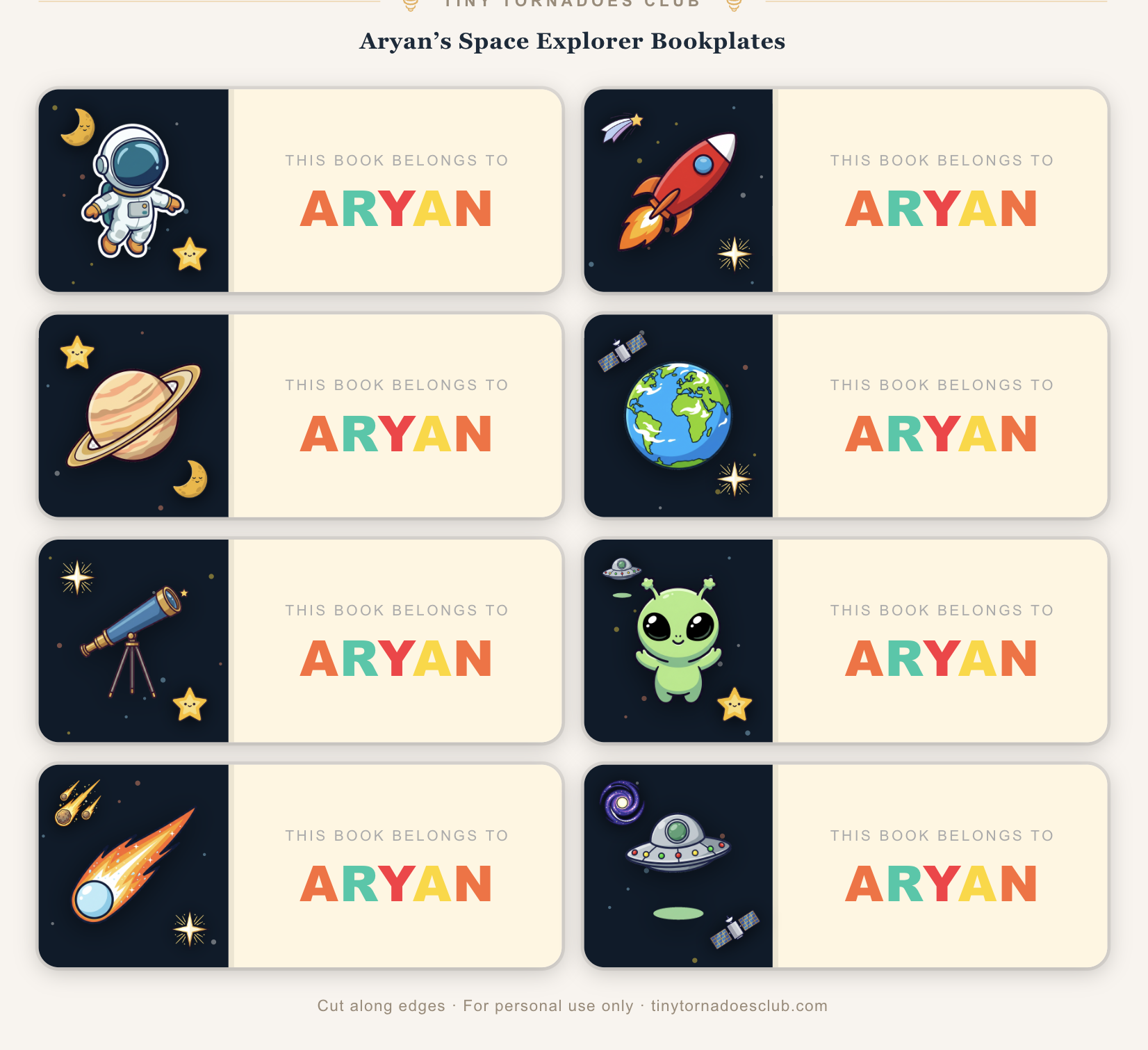 Space-themed personalised bookplates — astronaut, rocket, saturn, alien, comet, UFO