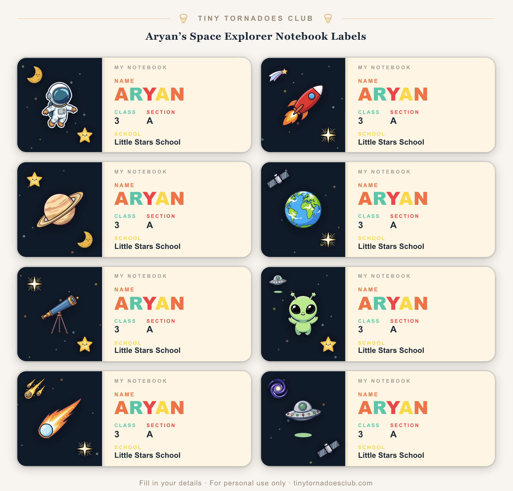Space-themed notebook labels showing name, class, section and school fields
