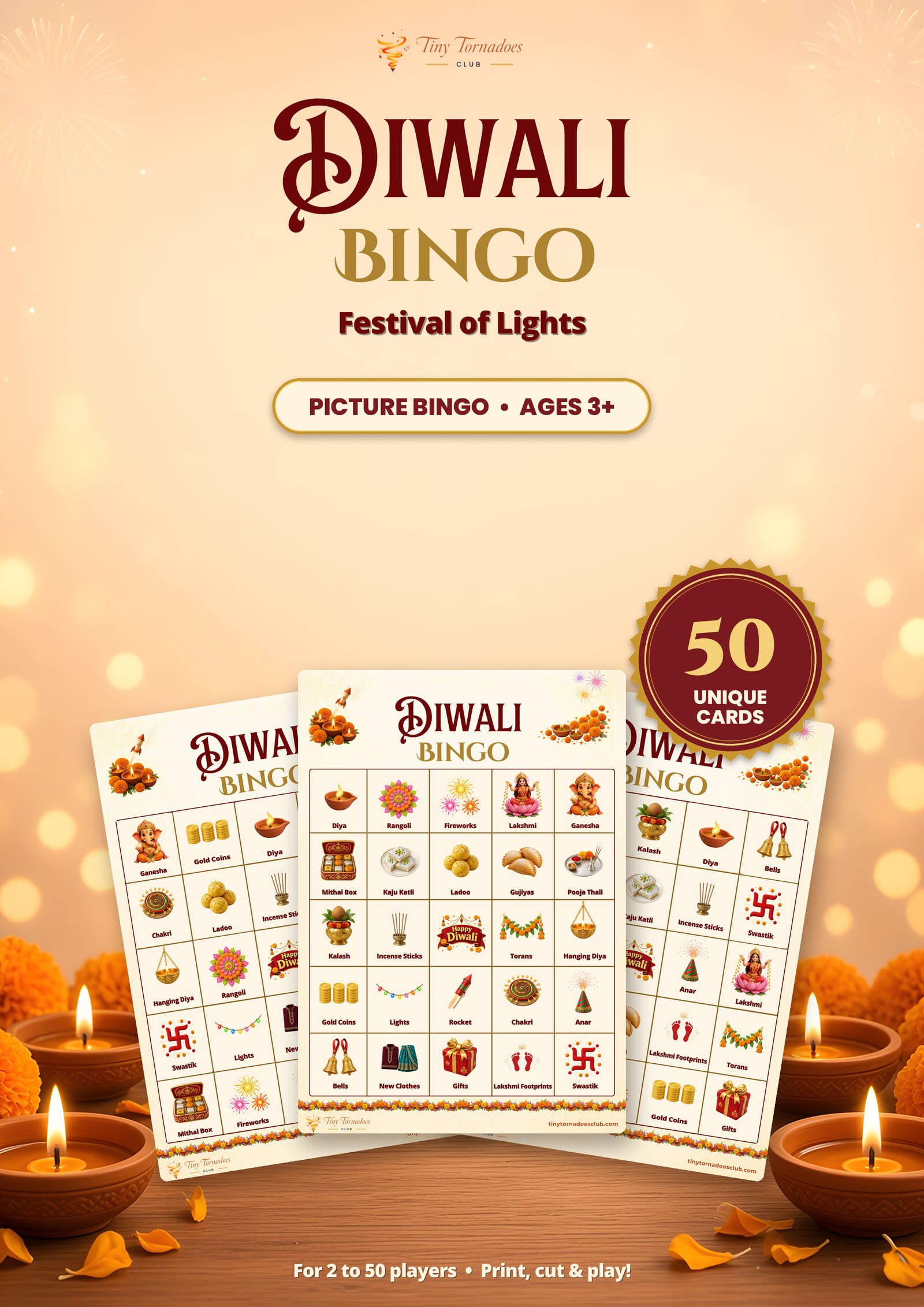 Diwali Picture Bingo — cover with 50 unique cards