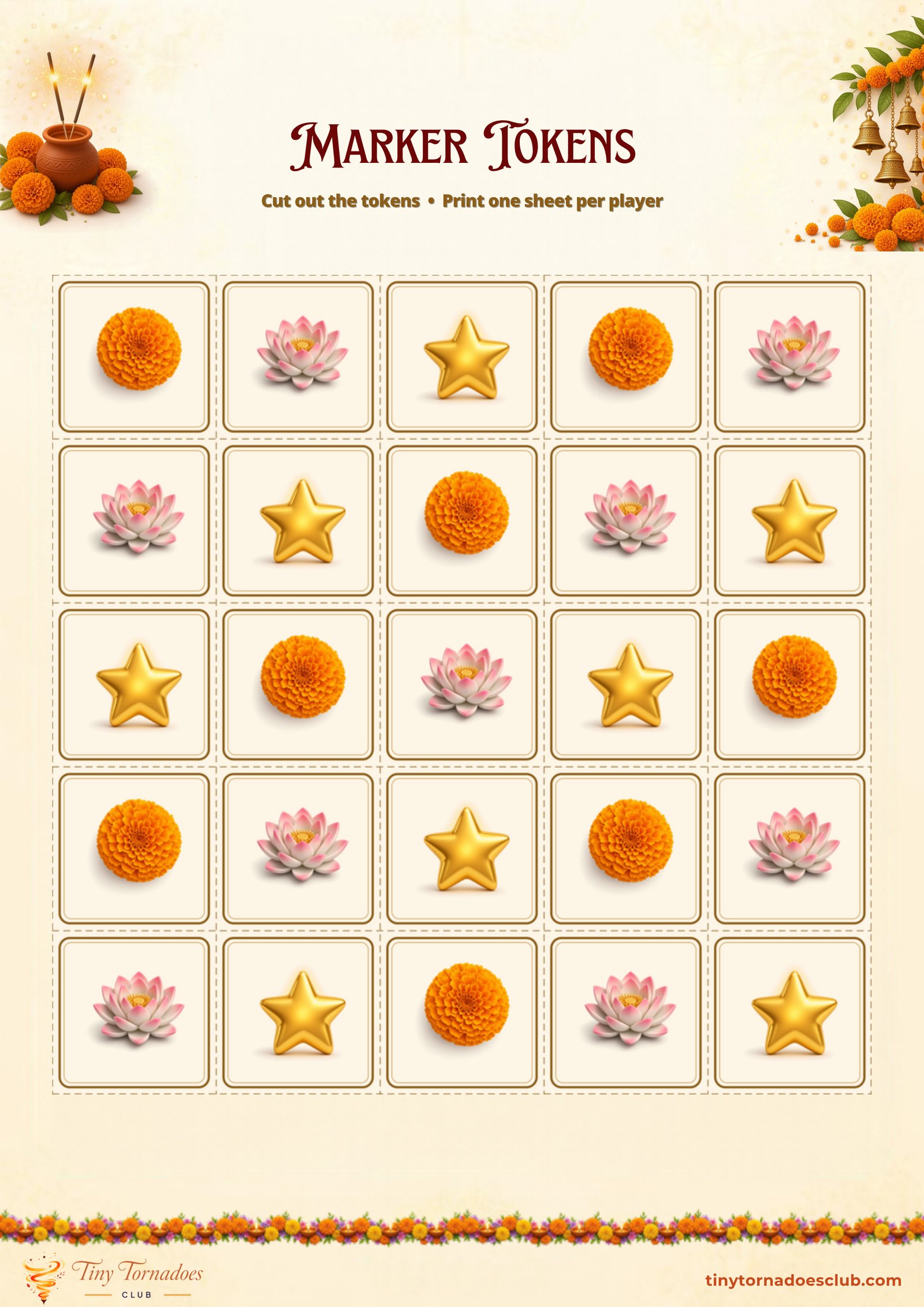 Marker tokens sheet with marigold, lotus and star tokens