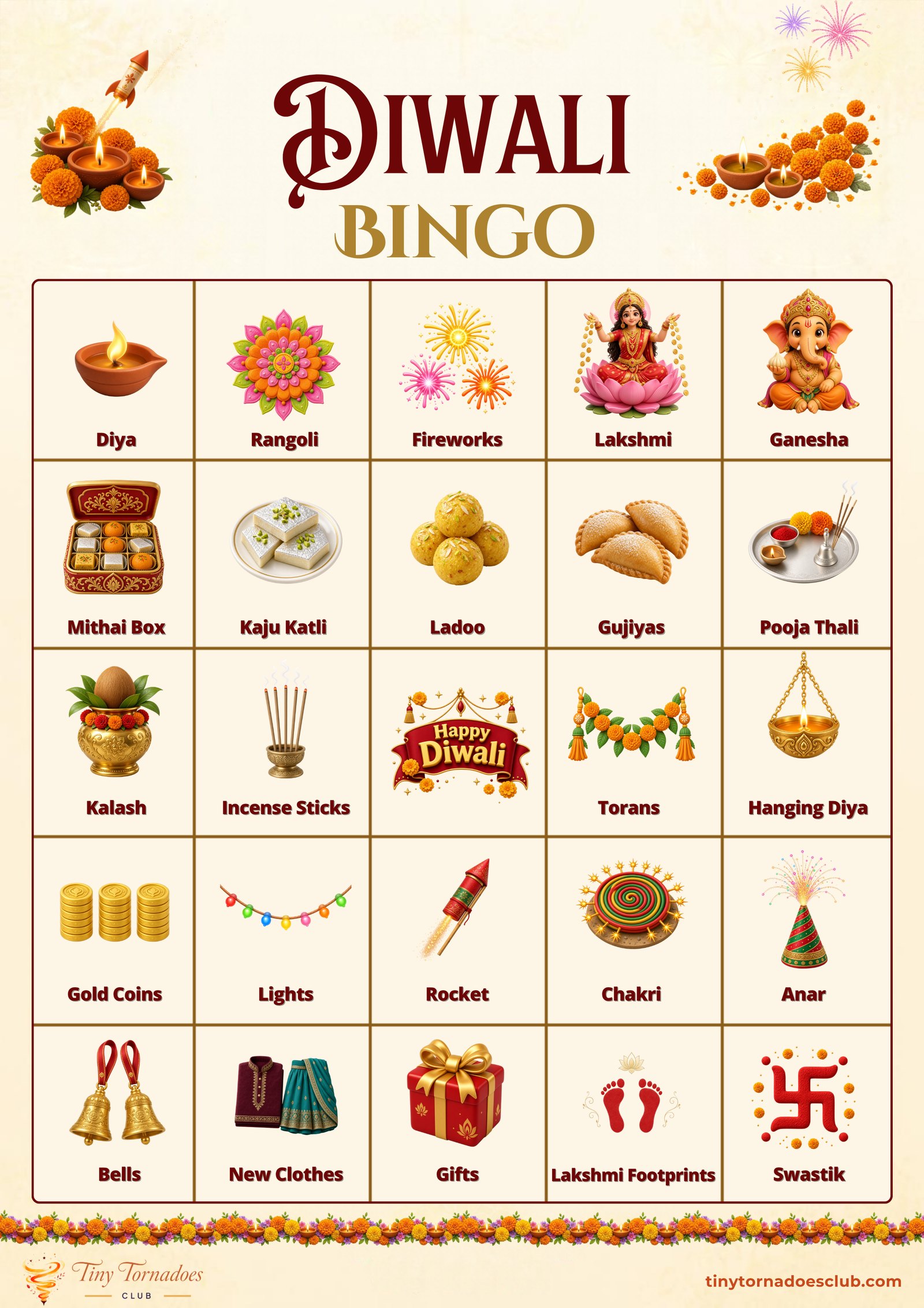 Sample Diwali bingo card with 24 pictures and a free Happy Diwali square