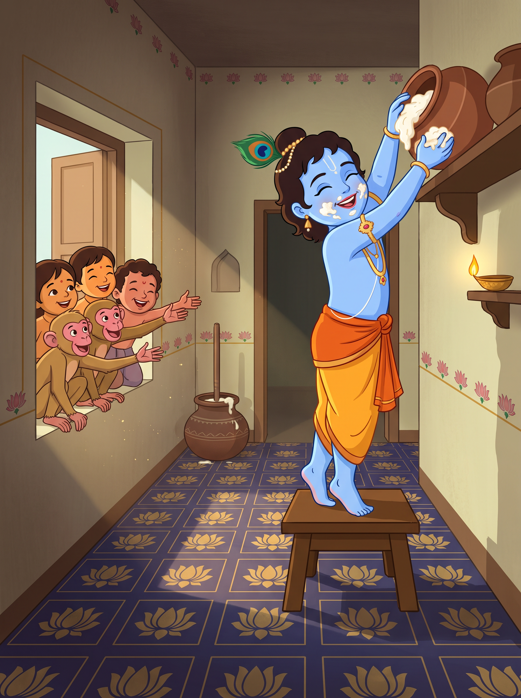 Krishna sharing butter with friends — panel 2 from the story card