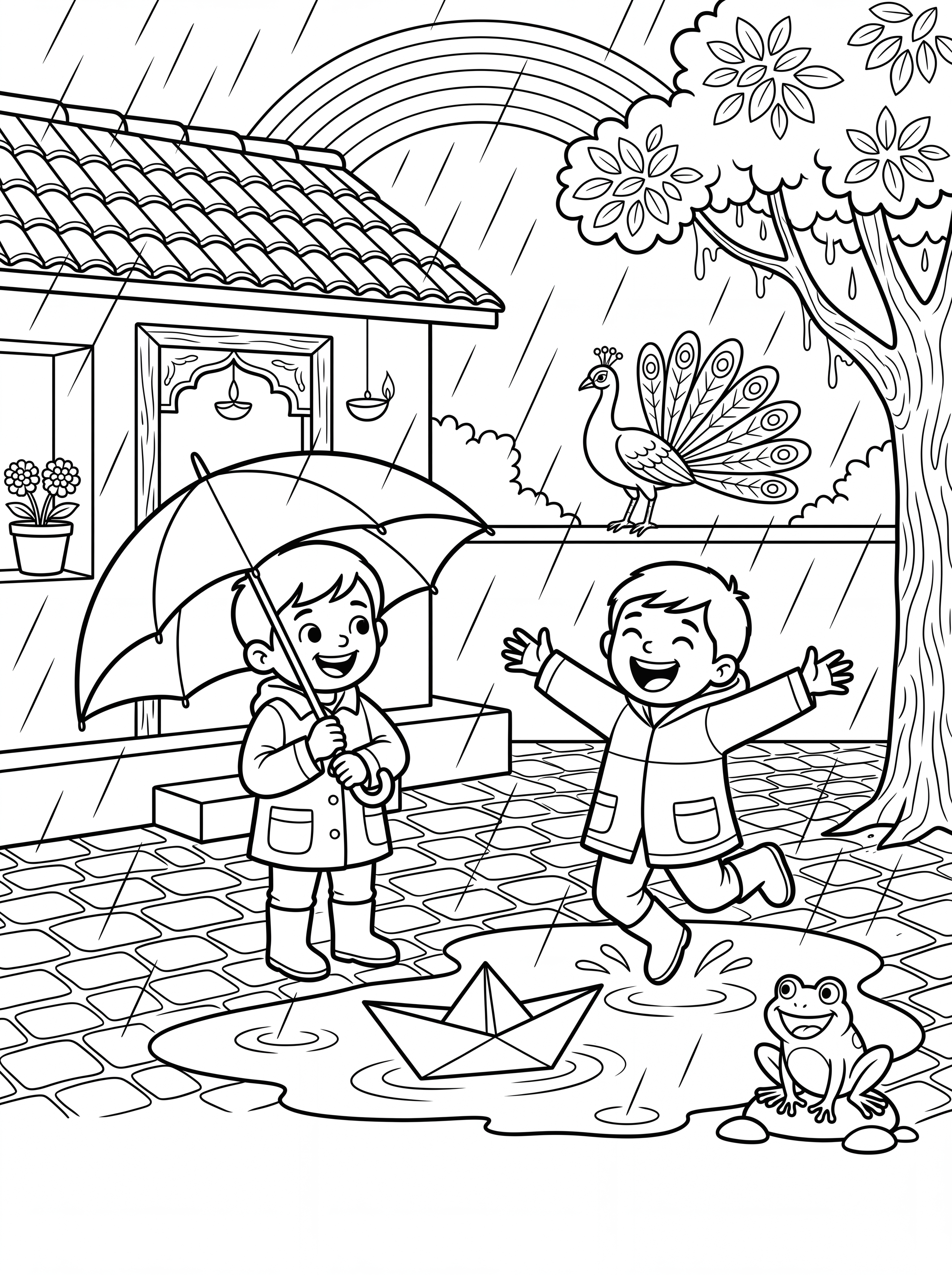Gond-style monsoon scene colouring page from the Monsoon Magic Activity Pack