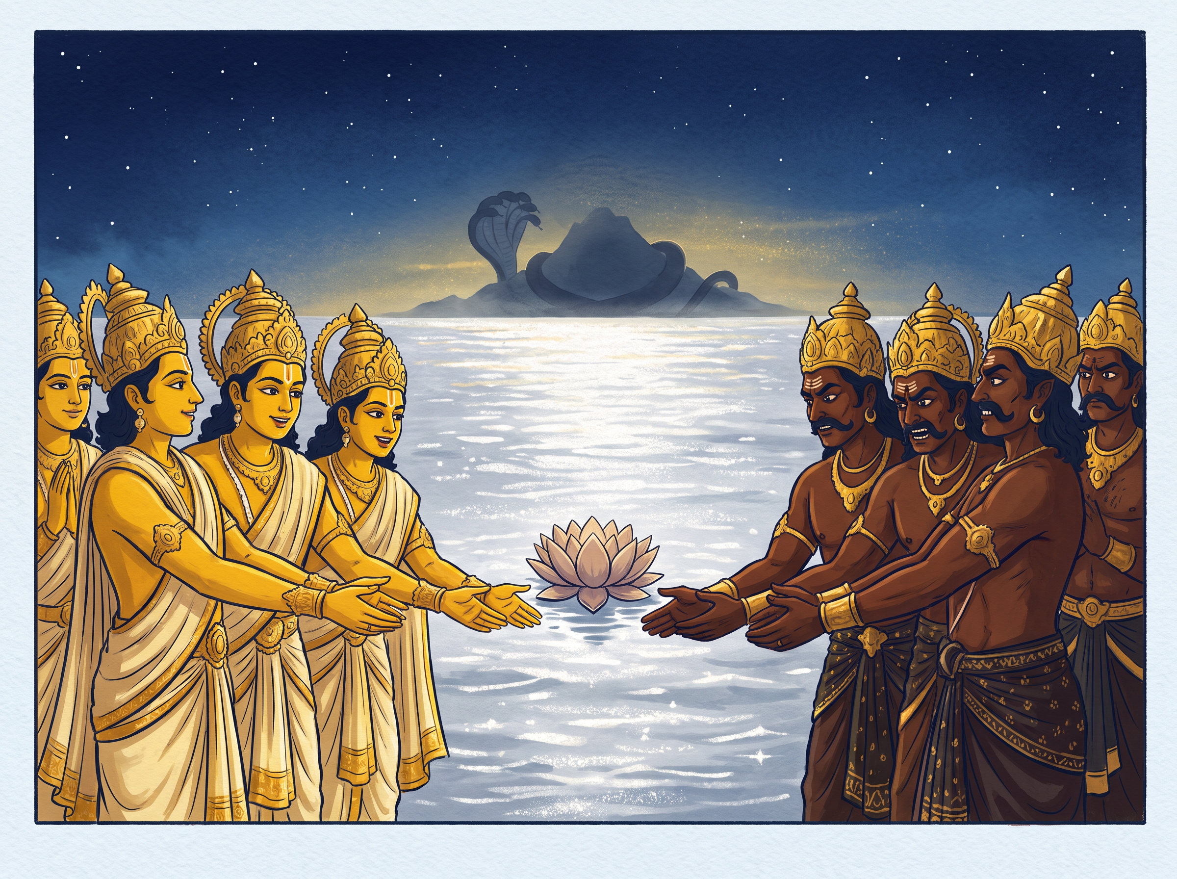 Gods and demons make their agreement — panel 1 of the Neelkantha illustrated comic