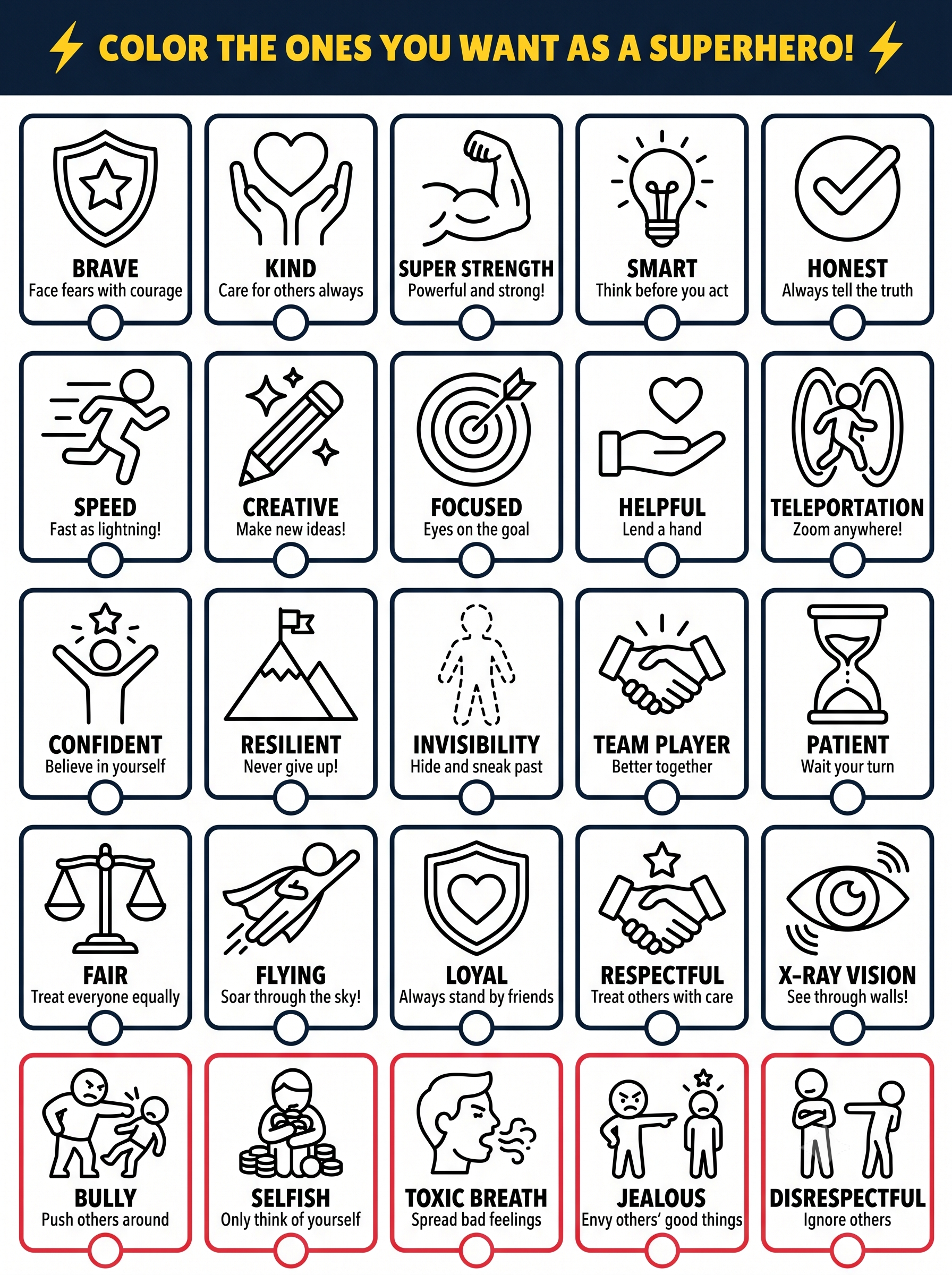 Hero Choices — pick your superpowers, lair, vehicle, and sidekick from 25 illustrated options