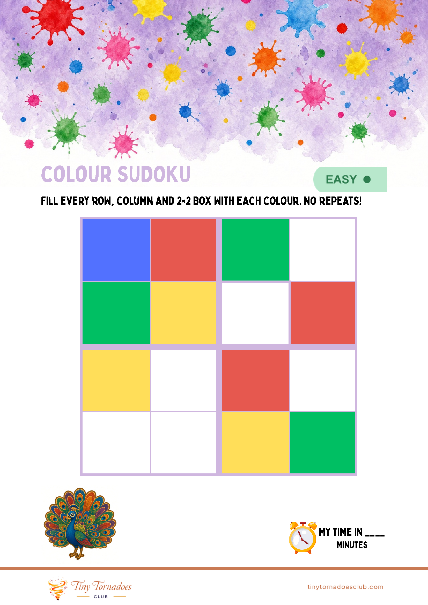 Colour Sudoku — paint splash theme with peacock character