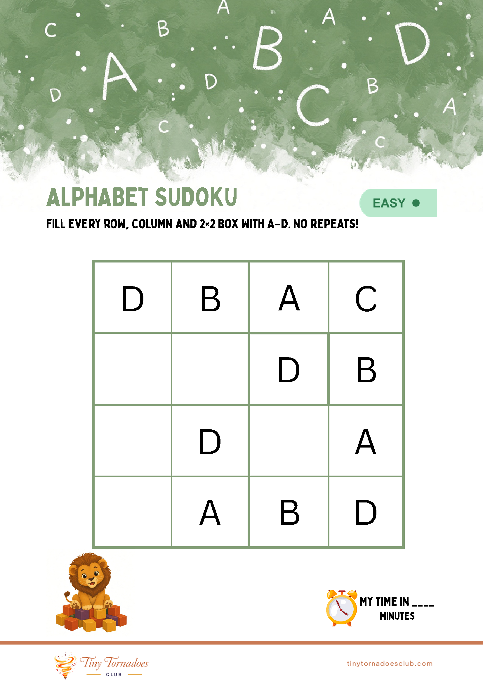 Alphabet Sudoku — forest green theme with lion character